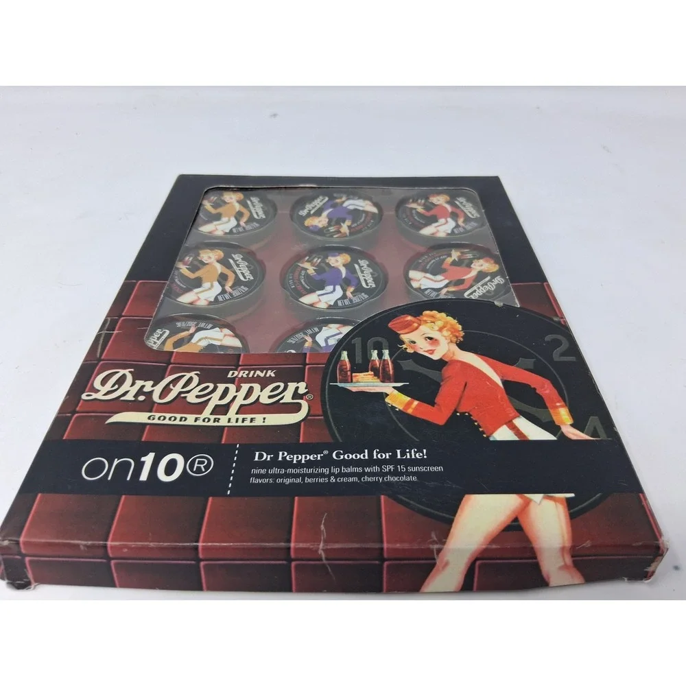 Dr Pepper on10 Lip Balm Set 9 Tins SPF 15 Vintage Pinup Retro Soda Flavors NIB Y